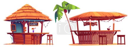 Ilustración de Chiringuitos con techo de paja, taburetes de madera, palmera con coco y bebidas de cóctel en el mostrador. Dibujos animados vector ilustración conjunto de café tiki tropical en la isla de arena para vacaciones hawaianas. - Imagen libre de derechos