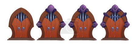Illustration for Medieval castle or dungeon double wooden door in form of arch with different stages of decoration, iron handle and grating for game ui level rank concept. Cartoon vector set of wood ancient gate. - Royalty Free Image