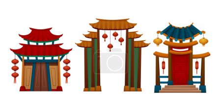 Traditionelle chinesische Haus- oder Tempeltür mit Dach, Treppe und Laternen. Cartoon Vektor Illustration Set von orientalischen Gebäude Bogen Tor. Antiker Eingang des asiatischen Pavillons mit klassischer Dekoration.