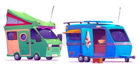 Illustration for Family camper van with tent for travel concept. Cartoon vector illustration set of caravan car for summertime recreational adventure and vacation. Vintage rv trailer vehicle and motorhome or trip. - Royalty Free Image