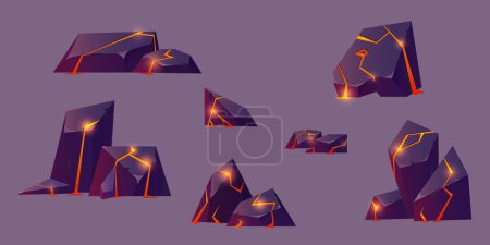 Illustration for Rocks with cracks and liquid flowing bright glowing orange and red lava. Cartoon vector illustration set of various stones with fracture and molten magma. Ground blocks with fissure and plasma. - Royalty Free Image