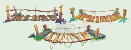 Puente colgante viejo con cuerda, piedras y hierba verde para el diseño del juego ui. Dibujos animados vector ilustración conjunto de suspensión de madera peligrosa pasarela arriesgada tirando sobre el abismo en el borde del acantilado.