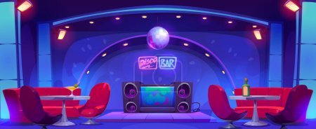 Illustration for Nightclub interior with dj stand and loudspeakers on scene, dance floor, tables with bottles and cocktails in glass, chairs and sofas for visitors, disco bar ball on ceiling and neon glow signs. - Royalty Free Image