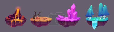 Floating land islands for game level map ui design. Cartoon vector illustration set of flying platforms with rock and lava, forest with river and waterfall, gemstone crystal, hot desert