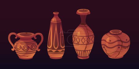 Ancient pottery products with cracks decorated with traditional patterns. Cartoon vector illustration set of cracked antique ceramic handicraft crockery. Greek historical earthenware artifacts.