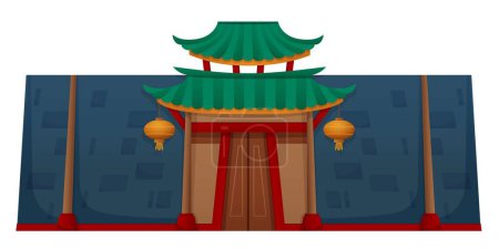 Chinesische Hausfassade isoliert auf weißem Hintergrund. Vektor-Cartoon-Illustration eines chinesischen Hauses mit traditionellem orientalischem Dach und Eingangstor mit Papierlaternen, antike Architektur