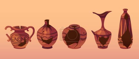Broken and cracked ancient pottery products decorated with traditional greek patterns. Cartoon vector illustration set of museum artifact of crashed antique ceramic and terracotta handicraft tableware
