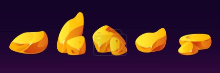 Gold nugget for mine and treasure in game ui design. Cartoon vector illustration set of yellow glossy shiny precious stones. Gui assets of raw golden crystals. Expensive raw materials gem pieces.