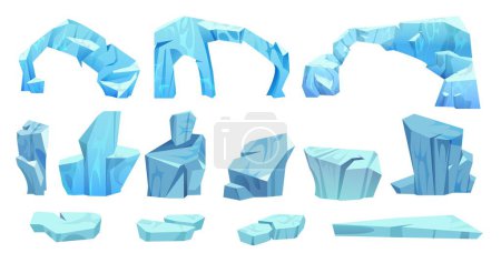 Illustration for Iceberg piece and arch floating. Cartoon vector illustration set of blue ice and snow glacier mountain cube. Collection of floe for northern pole landscape design. Arctic frozen crystal water block. - Royalty Free Image