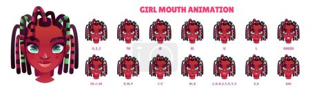 Afrikanisches Mädchen mit Dreadlocks und unterschiedlichen Lippen- und Zungenpositionen bei der Aussprache der Buchstaben des englischen Alphabets. Animationsgenerator-Kit zum Synchronisieren von Sprache und Ausdrücken.