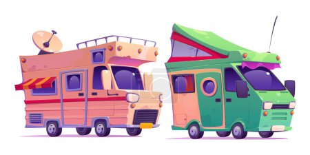Illustration for Family camper van with tent for travel concept. Cartoon vector illustration set of caravan car for summertime recreational adventure and vacation. Vintage rv trailer vehicle and motorhome or trip. - Royalty Free Image