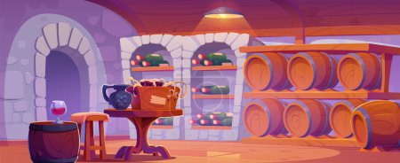 Illustration for Wine cellar interior for grape drink storage and tasting. Cartoon basement room with glass bottles in rack, wooden barrels on shelf, bottles in box and jug on table, hair and glass with alcohol drink. - Royalty Free Image