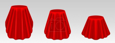 Round product podium or table covered with red curtain. Realistic vector set of silk cloth drapery on box for unveil surprise or presentation and display platform. Silk blanket hide pedestal.