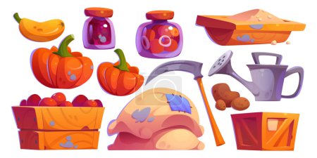 Illustration for Farm barn inside elements and tools. Cartoon vector illustration set of ranch agriculture farming and gardening equipment - watering can and grass scythe, ripe vegetables and preservation in glass jar - Royalty Free Image
