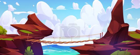 Illustration for Hanging rope foot bridge above dangerous abyss between rocky suspension cliff. Cartoon vector summer landscape with river or sea, stone high sharp edges with hazard chasm between its and extreme way. - Royalty Free Image