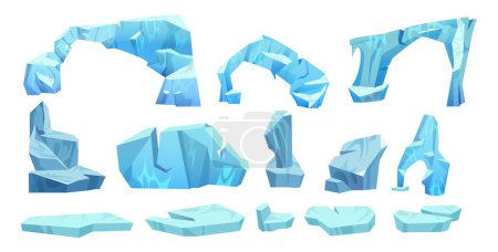 Iceberg piece and arch floating. Cartoon vector illustration set of blue ice and snow glacier mountain cube. Collection of floe for northern pole landscape design. Arctic frozen crystal water block.