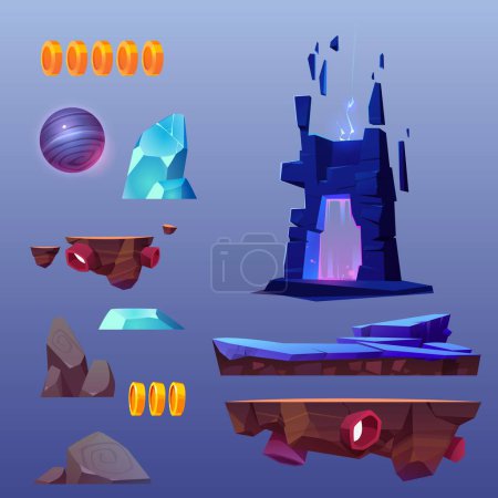 Game landscape design elements set isolated on background. Vector cartoon illustration of flying land platforms, rocky stones, golden coins, planet, mineral crystals, arch portal, space adventure