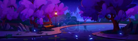 Empty city park with bridge over pond or river, pink flowering sakura trees and lanterns at night. Cartoon spring vector of japanese cherry woods in urban garden.