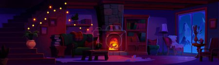 Night chalet interior with fireplace. Vector cartoon illustration of dark living room, vintage armchairs and couch near fire, books on shelf, winter mountain view in window, garland on wooden stairs