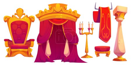 Königsthron isoliert auf weißem Hintergrund. Vektor-Cartoon-Illustration von Möbeln für die Inneneinrichtung des königlichen Palastes, Luxus-Sessel, rote Samtvorhänge, goldener Kronleuchter mit Kerzen, Säule, Banner