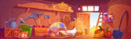 Illustration for Farm barn view from inside with tools, crop and chicken. Cartoon vector illustration of ranch shed indoor with wooden walls, haystack and sack, gardening tools and hen eggs in chest, vegetable harvest - Royalty Free Image