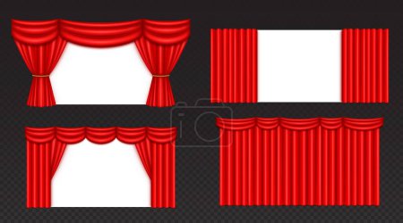 Théâtre ou cinéma scène rideau rouge avec plis. Ensemble d'illustrations vectorielles réalistes de draps de scène d'opéra fermés et ouverts pour la présentation et le concept de spectacle. Draperie théâtrale en tissu avec plis.