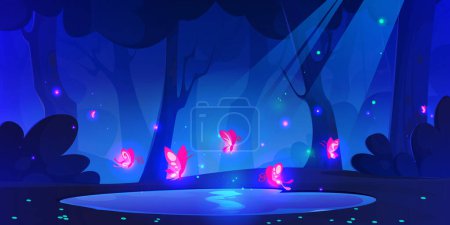 Illustration for Magic fireflies over small lake in dream forest at night under beams of moon light. Cartoon dark blue vector fantasy landscape with trees and bushes, pink neon luminous glowworms above water in pond. - Royalty Free Image