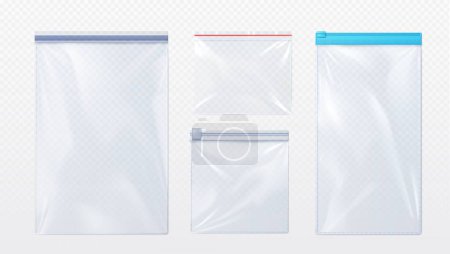 Plastic bag with zip locker mockup. Realistic vector illustration set of template for transparent clear empty sachet with zipper. Nylon pouch pocket. Vinyl package with lock for food or candy storage.