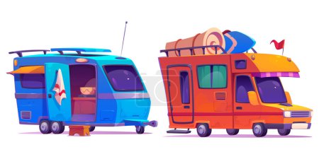 Illustration for Camper van with baggage on top and open door for family travel concept. Cartoon vector set of caravan car and motorhome for summer recreational vacation. Vintage rv trailer vehicle for trip. - Royalty Free Image