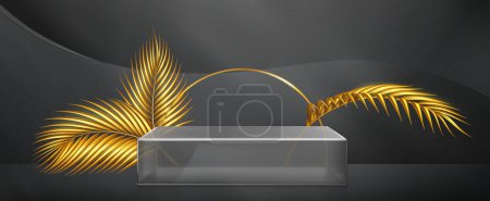 Glass square transparent product podium with golden circle and palm leaves on abstract black background. Realistic vector illustration of minimal rectangle crystal or plexiglass platform mockup.