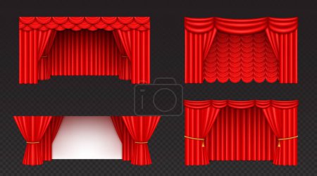 Theatre or cinema stage red curtain with folds. Realistic vector illustration set of close and open opera stage cloth drape for presentation and show concept. Theatrical fabric drapery with creases.