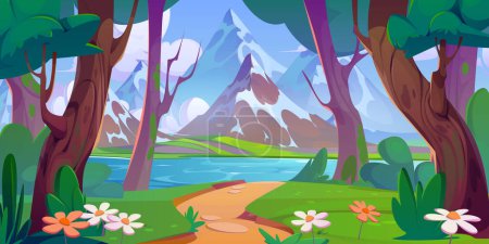 Cartoon-Sommerlandschaft mit Wald, See und Bergen. Weg zum Teich oder Fluss im Wald mit grünen Bäumen und Sträuchern, Gras und Gänseblümchen in der Nähe von felsigen Hügeln mit Schnee.
