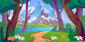 Cartoon summer landscape with forest, lake and mountains. Path leading to water pond or river in woodland with green trees and bushes, grass and daisy flowers near foot of rocky hills with snow. Stickers #707169392