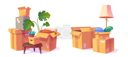 Ilustración de Cajas de cartón con cosas de la casa para el concepto de reubicación. Dibujos animados vector ilustración conjunto de paquetes de cartón pilas con lámpara y planta, muebles y pertenencias para el nuevo hogar mover o garaje de almacenamiento. - Imagen libre de derechos