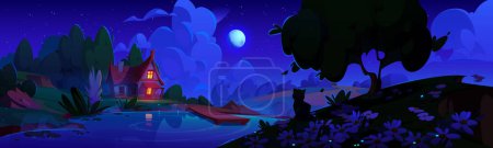Illustration for Cozy house near night lake. Vector cartoon illustration of midnight summer scenery, cat sitting under tree on hill with daisy flowers and grass, wooden pier on river water, moon glowing in starry sky - Royalty Free Image
