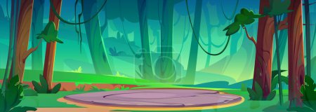 Paisaje forestal de verano con suelo o piedra para acampar. Plataforma portal juego mágico para la reubicación de nivel. Dibujos animados vector paisaje rural con árboles verdes y hierba, zona de teletransporte redonda.