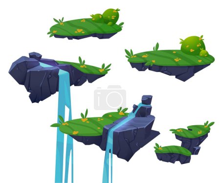 Game ui level map floating rocky land islands for jump with green grass, flowers and waterfall. Cartoon vector illustration of fantasy flying stone platform with water stream. Videogame ground bits.