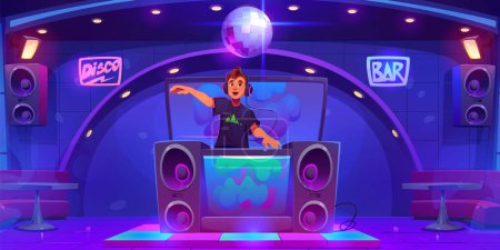 Nightclub neon glowing interior with man dj behind stand with mixer on scene, loudspeakers and disco bar ball on ceiling, dance floor, tables and seats for visitors. Cartoon night club party. Mouse Pad 707400938