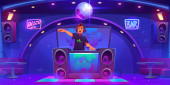 Nightclub neon glowing interior with man dj behind stand with mixer on scene, loudspeakers and disco bar ball on ceiling, dance floor, tables and seats for visitors. Cartoon night club party. Stickers #707400938