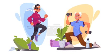 Illustration for Senior people doing sports. Cartoon vector illustration set of elderly woman jogging outside and man doing exercises with weights at home. Active and healthy lifestyle and care of grandparent. - Royalty Free Image