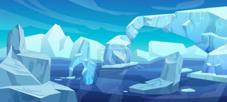 Illustration for Arctic landscape with iceberg in ocean or sea. Cartoon vector illustration of blue polar scenery with glacier snow mountain and ice blocks floating in water. Cold northern horizon with floe. - Royalty Free Image