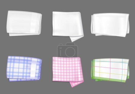 White and color napkin set isolated on gray background. Vector realistic illustration of folded bleached kitchen tablecloth after laundry, blue, pink, green color checkered picnic towels, home textile