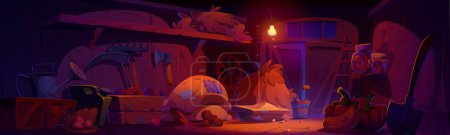 Illustration for Farm barn inside with tools and crop at night. Cartoon vector illustration of dark wooden ranch shed indoor with haystack and sack, gardening equipment and vegetable harvest. Countryside farmhouse. - Royalty Free Image