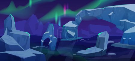 Téléchargez les illustrations : Paysage arctique la nuit avec iceberg dans l'océan et aurore boréale dans le ciel. Illustration vectorielle de dessins animés de paysages polaires sombres avec lumière nordique, montagnes glaciaires et blocs de glace flottant dans l'eau de mer - en licence libre de droit