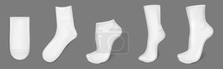 White socks realistic mockup. Vector 3d illustration set of empty low and middle foot wear on leg and flat lay. Blank fabric shoe underwear template. Cotton clothing accessory for brand design.