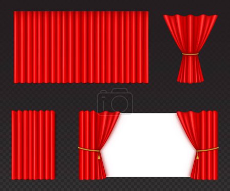 Theatre or cinema stage red curtain with folds. Realistic vector illustration set of close and open opera stage cloth drape for presentation and show concept. Theatrical fabric drapery with creases.