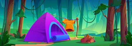 Illustration for Camping in forest with tent and firewood for fireplace. Cartoon vector summer illustration of campsite in woodland with green trees and grass, tourist equipment and clothes. Eco tourism concept. - Royalty Free Image