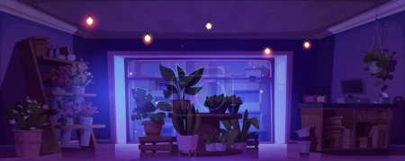 Interior de la tienda de flores por la noche. Dibujos animados vector ilustración de oscuro vacío floristería cerrada con plantas y árboles en macetas, ramo en estante de madera, caja fuerte y gran ventana con la ciudad exterior.