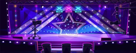 Illustration for Talent reality show with equipment on stage for tv broadcast and record. Cartoon vector competition scene with jury chairs and table, vote signs, big star and microphone, video cameras and spotlights. - Royalty Free Image
