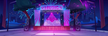 Illustration for Holiday event with music festival in city park at night. Dark urban public garden landscape with fireworks over stage for concert. Cartoon vector illustration of scene for outdoor entertainment. - Royalty Free Image